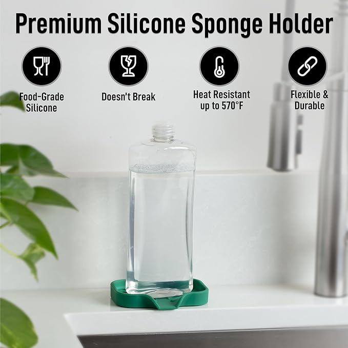 Zulay Kitchen Small Silicone Sponge Holder (4.9x3.3”) – Space-Saving Sink Organizer Tray for Sponge, Soap, Brush & More – Compact Non-Slip Dish for Kitchen & Bathroom Countertops (Pine Green)