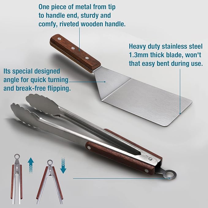 Tongs and Spatula Set of 3, Heavy Duty Stainless Steel Kitchen Tongs 12"/16" & Metal Spatula 4 x 5.5 with Wood Handle for BBQ Grill Flat Top Griddle, Professional Grill Accessories Gift