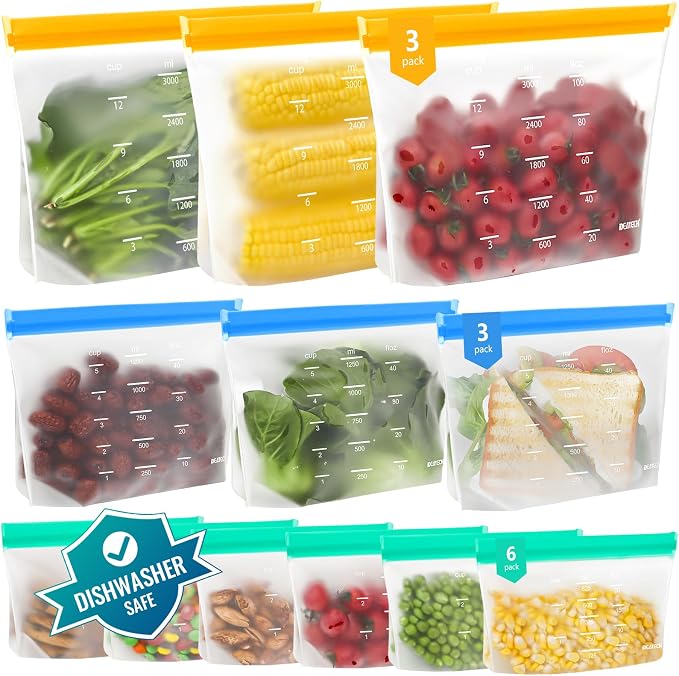 IDEATECH 12 Pack Reusable Food Storage Bags, Stand-Up Freezer Bags | Leakproof Stand-Up Bags, BPA-Free Food Grade, Dishwasher Safe, Fridge and Freezer Safe for Snacks, Product, Fruit & Meal Prep