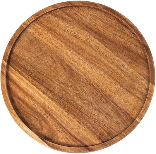 13.8 Inch Round Wooden Serving Trays, Acacia Wood Decorative Tray for Coffee Table and Home Decor, Table Centerpiece