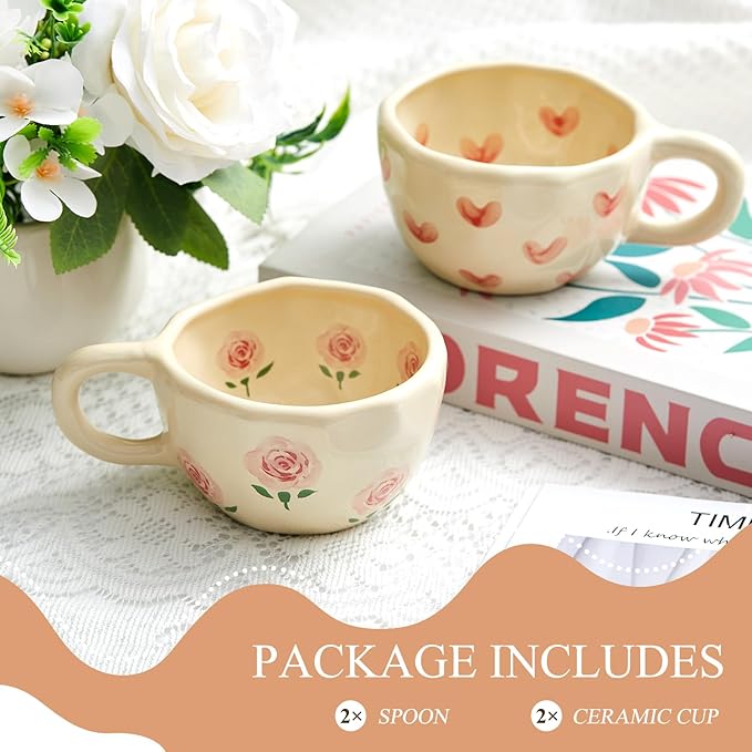 Vesici 2 Pcs Ceramic Coffee Mugs with Spoon, Vintage Floral Spring Mugs with Handle, 8.5 oz Aesthetic Flower Porcelain Tea Cup Set, Dishwasher & Microwave Safe Mothers Day Gifts for Mom(Heart,Rose)