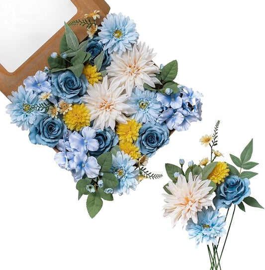 FANKO Artificial Flowers for DIY Bouquet, Blue Faux Rose, Blue White Yellow Fake Flower Rose Dahlia Daisy Hydrangea for Vase, Floral Arrangement, Centerpieces, Wedding Arches, Home Decor, Party Décor