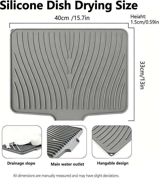 Silicone Dish Drying Mat,Dish Drying Pad,Kitchen Accessories,with Built-In and Non-Slip Drain,Easy Clean, Fit for Kitchen, Bar, RV, Refrigerator and Drawer Liner, 15.7 * 13 in Grey 1PCS by EBIGIC