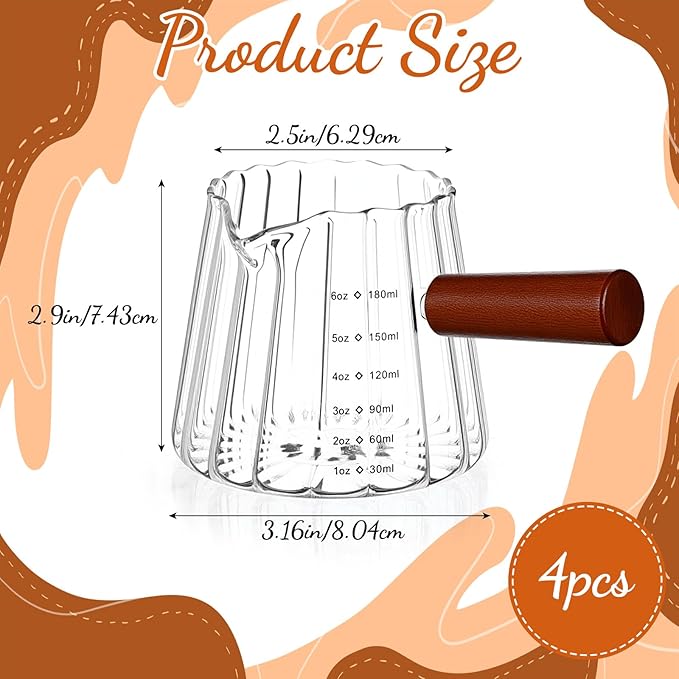 4 Pcs 6 Oz/180 ml Espresso Shot Glass with Wood Handle, Espresso Accessories, Single Spouts Milk Frother Measuring Cup with Clear Scale Heat Resistant for Coffee Milk Tea Syrup