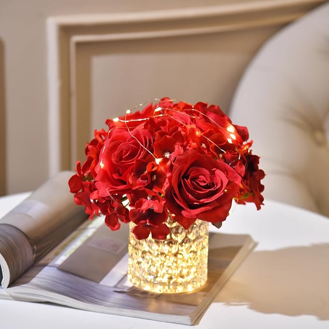 Rose Silk Flower Arrangement Artificial Vivid Rose in Glass Vase with LED Light Elegant Centerpiece for Home Wedding Bathroom Table Shelf Decoration (Red)