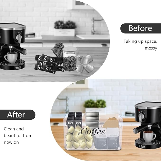 Coffee Bar Station Organizer,Clear Plastic Coffee Bar Accessories Bin with Removable 5-Compartment for Pods Condiment Syrup Tea Cups Stirrers,Coffees Pod Holder for Counter,Kitchen,Office