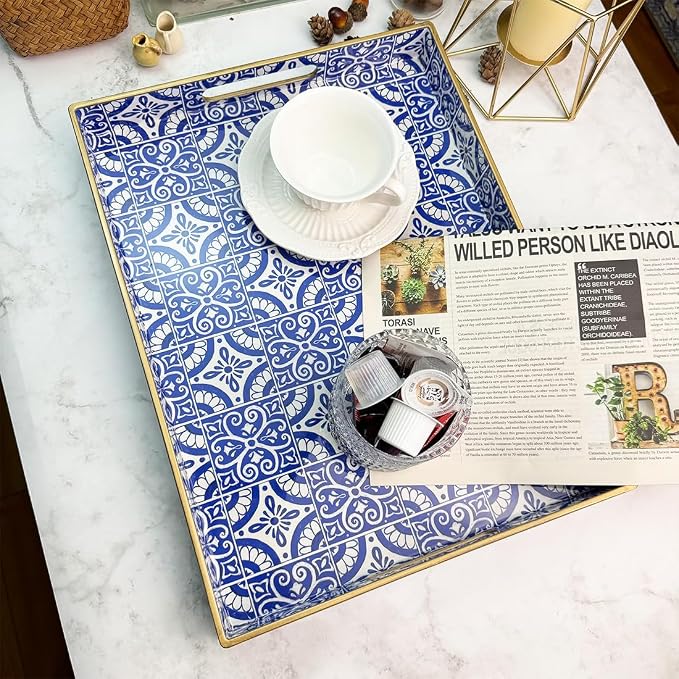 Serving Tray with Handles, Rectangular Decorative Trays for Coffee Table, Plastic Ottoman Tray for Living Room, Decor, Boho Blue, 15.7”*11.8”*1.6"