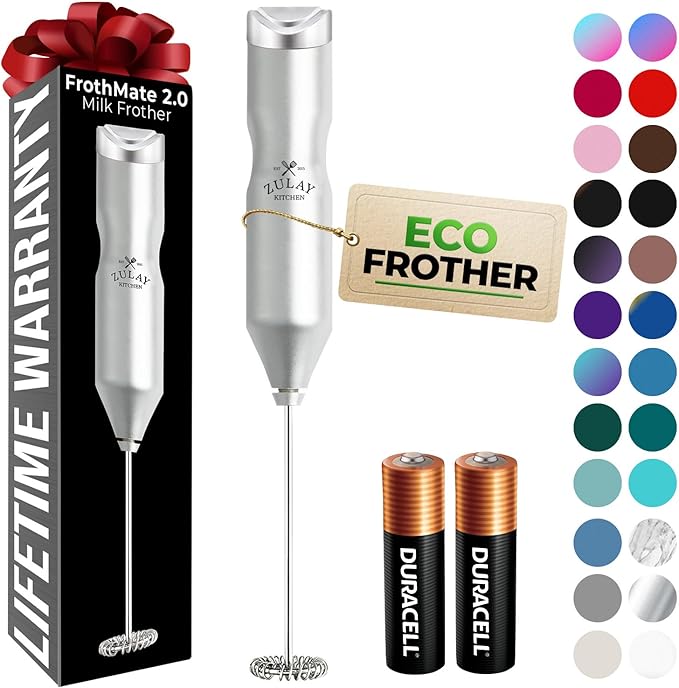 Zulay Kitchen Powerful Frother Wand AA Batteries Included, Ultra Fast Handheld Drink Mixer, Comfort Milk Frother, Stainless Steel Whisker, Frother Handheld for Coffee, Protein & Matcha - Frothmate 2.0