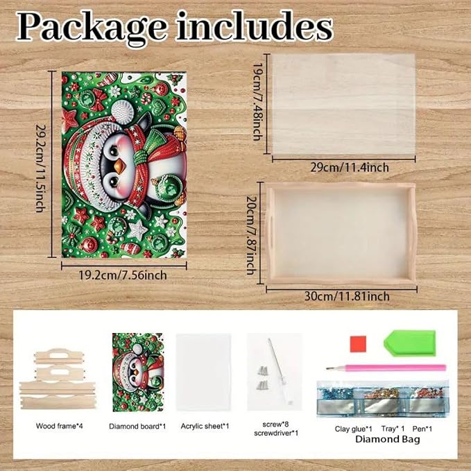 DIY Diamond Serving Tray Rectangular Breakfast Tray with Handle Handmade Diamond Art Painting Wooden Tray for Dinner Plate Coffee Room Living Home Organizer-Penguin