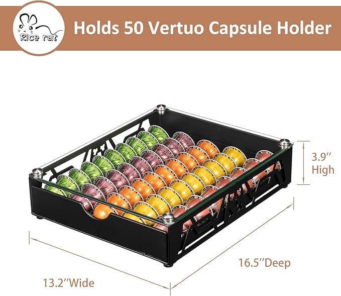 Nespresso Pod Holder Pod Drawer With Glass For Cabinet Vertuoline Pod Storage Rack For Counter，Black(50 Pods)