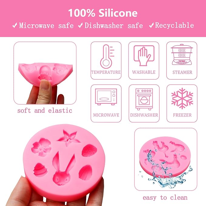Easter Silicone Fondant Molds Set of 5, Bunny Chick Egg Rooster Basket Chocolate Molds for Cake Decorating Cupcake Topper Candy Gummy