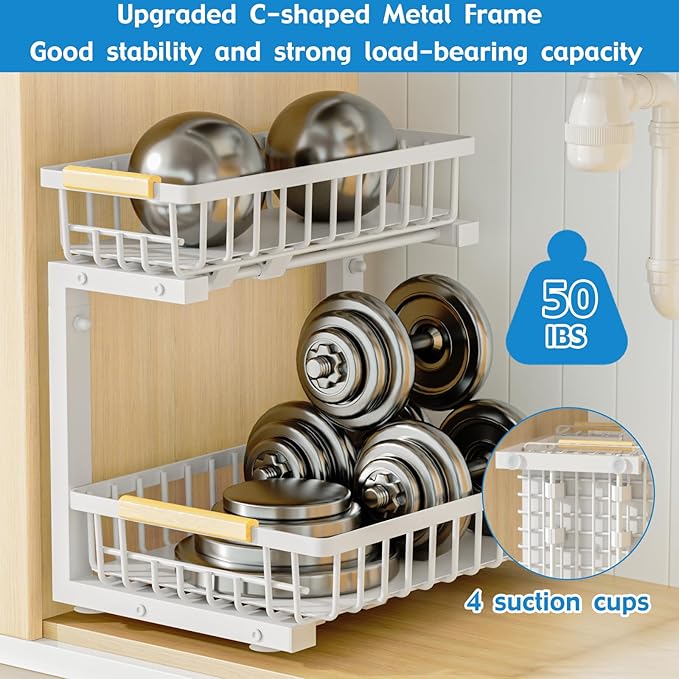 2Pcs Under Sink Organizer, Adjustable Under Sink Organizers and Storage, 2-Tier Pull Out Under Kitchen Sink Organizer, Sliding Out Metal Under Bathroom Sink Organizer for Kitchen Pantry White