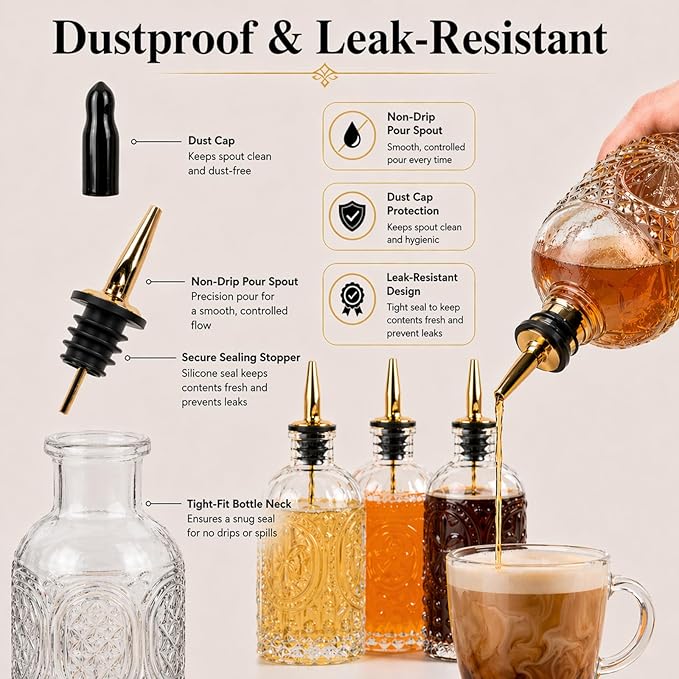 ChezMax Syrup Dispenser Bottles Set of 4, Simple Syrup Bottle for Coffee Bar Accessories, 7 oz Glass Coffee Syrup Dispenser Syrup Containers for Maple Honey Syrup Oil, with Metal Pour Spouts & Labels