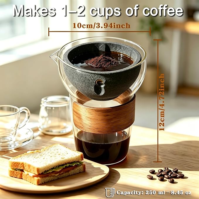 Glass Pour Over Coffee Maker Set, Ceramic Drip, No Paper Filters Needed | Reusable 50-Micron Ceramic Filter, Beginner-Friendly, Retain Coffee Oil, 360° Rotation, Portable 250ml Serve, Office, Camping