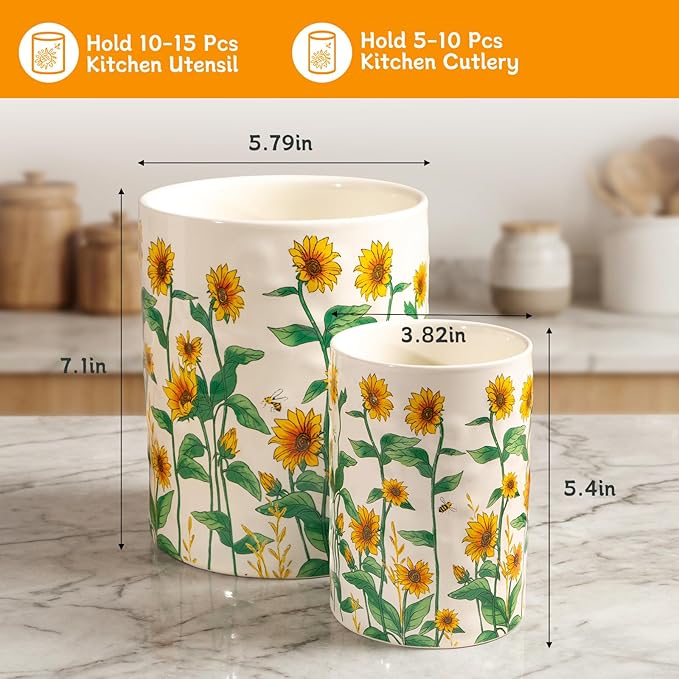 Sunflower Utensil Holder, 7.1"+5.4" Ceramic Utensil Holder for Kitchen Counter, Cooking Utensil Crocks for Countertop, Utensil Storage Container Organizer for Spoon, Sunflower Farmhouse Kitchen Decor