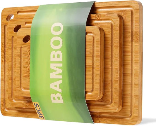 Garvee Deep-Carbonized Bamboo Cutting Board Set of 3 - cutting board set with Handle, Bamboo Cutting Boards for Kitchen, Heavy Duty chopping board with deep juicy groove 15x10, 12x8, 9x6 inch