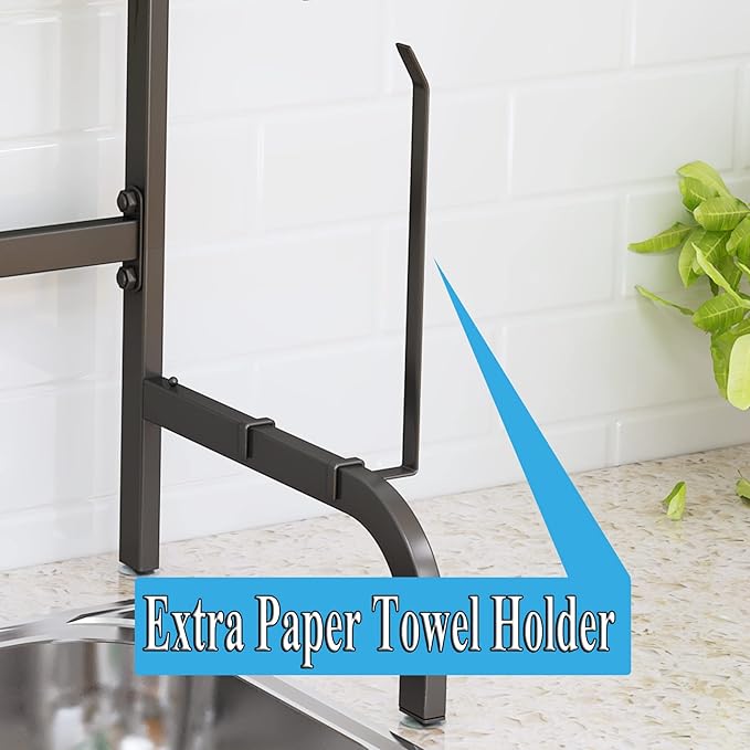 SAYZH Over the Sink Dish Drying Rack, Adjustable (25.5 to 33.5 inch) 2 Tier Metal Steel Dish Drying Racks for Kitchen Counter with Hooks Paper Towel Utensil Cup Holder Sink Caddy (Black)