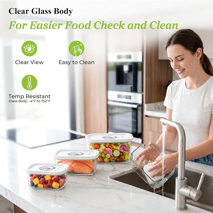 URPOWER Glass Vacuum Seal Containers for Food Storage, 3PCS Set(S,M,L) with Lids, Airtight Food Storage Containers, Stackable Vacuum Containers for Leftovers, Meal Prep, Fridge, Freezer & Pantry