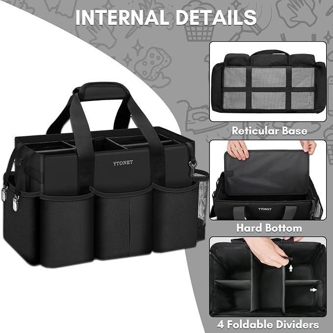 Ytonet Wearable Cleaning Caddy Bag, Large Cleaning Supplies Organizer with 4 Foldable Dividers, Caddy Organizer with Handle & Shoulder Strap & Waist Strap for Cleaners & Housekeepers, Black Grey