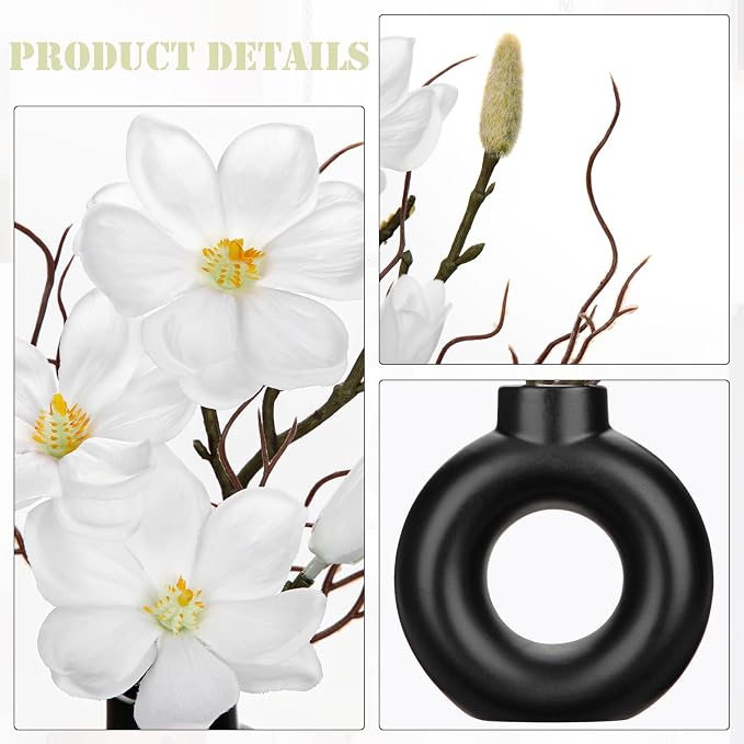 Briful 2PCS Magnolia Artificial Flowers with Black Vase White Magnolia Floral Arrangement Faux Potted Silk Flowers for Home Office Bathroom Kitchen Shelf Table Centerpiece Modern Decor