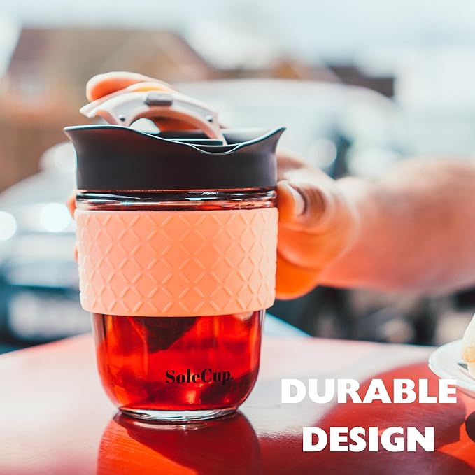 Reusable Strengthened Glass Travel Cup - Spill Proof Coffee Mug - 12oz/340ml BPA-Free Hot Drink Travel Mug with Lid & Silicone Band (Ice Cream, 12oz)