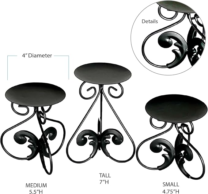 Lily’s Home Elegant Scrollwork Fleur De Lis Pillar Candle Holders, Wax & LED Candle Stands, Black, Set of 3. Candles Not Included