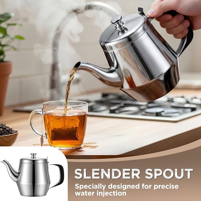 Yungyan 2 Pack Stainless Steel Teapot 32 oz Silver Small Metal Gooseneck Tea Pot Water Kettle for Stove Restaurant Home
