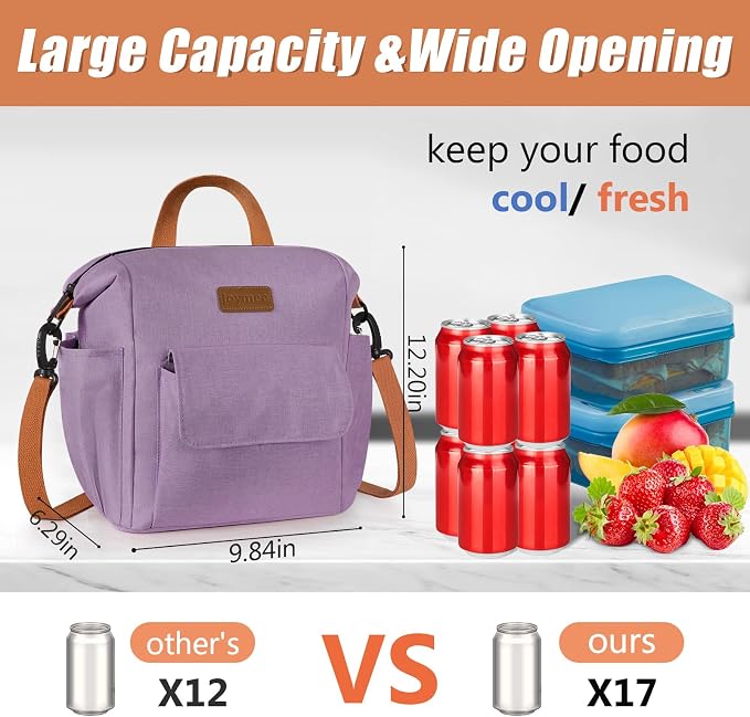 Joymee Insulated Lunch Bag For Women Reusable Leakproof -Purple | Spacious Storage, Bottle Holder & Pockets, Leakproof Insulated, for Work, Travel, Picnic, Daily Use, for Adult