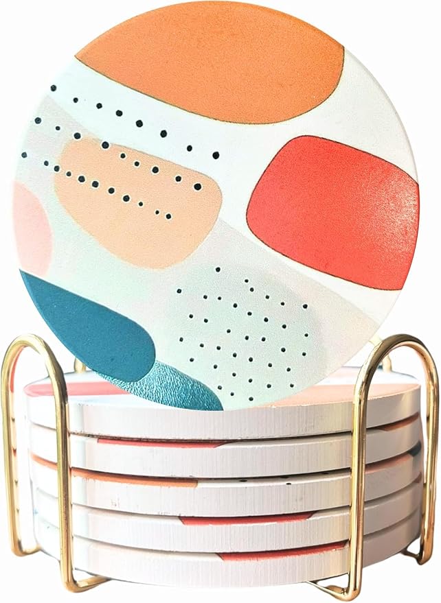 Colorful Ceramic Marble Coasters Set of 6, Cute Moisture Absorbing Coaster, Coffee Table Decor, Stone Absorbent Drink Coasters
