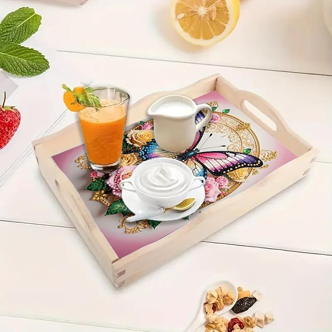 BAYUNOE DIY Diamond Serving Tray Rectangular Breakfast Tray with Handle Handmade Diamond Art Painting Wooden Tray Spring Creative Dinner Plate Coffee Room Living Home Organizer-Rose Butterfly