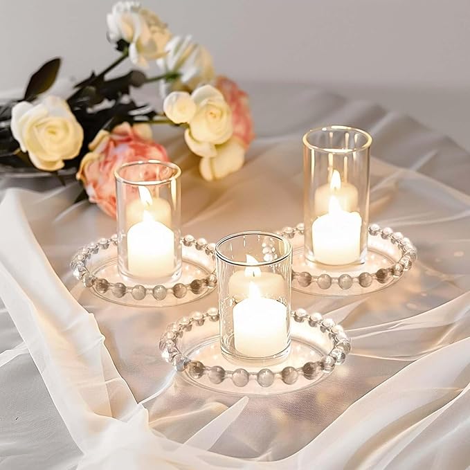 Efavormart 6 Pack Clear Glass Pillar Candle Holder Plates with Beaded Rims, Transparent Small Round Coasters Candle Trays - 4"