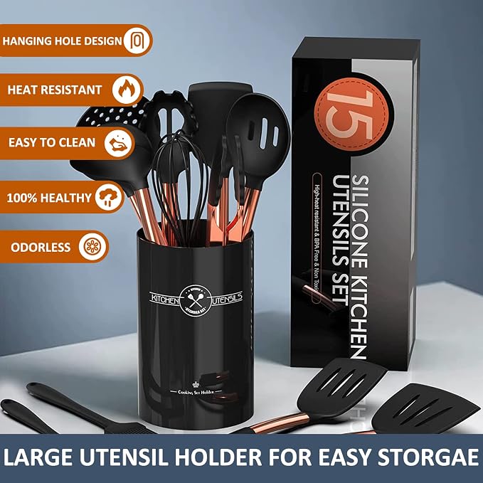 Silicone Cooking Utensil Set, Umite Chef Kitchen Utensils 15pcs Cooking Utensils Set Non-stick Silicone Rose Gold Handle Cooking Tools Whisk Kitchen Tools Set - Balck