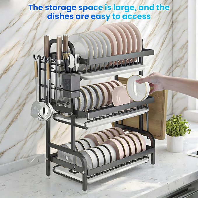 Large Dish Drying Rack Multifunctional 3 Tier Dish Rack with Drain Tray, Dish Drainer for Kitchen Counter with Drainboard/Utensil/Cup Holder Rust Proof Carbon Steel