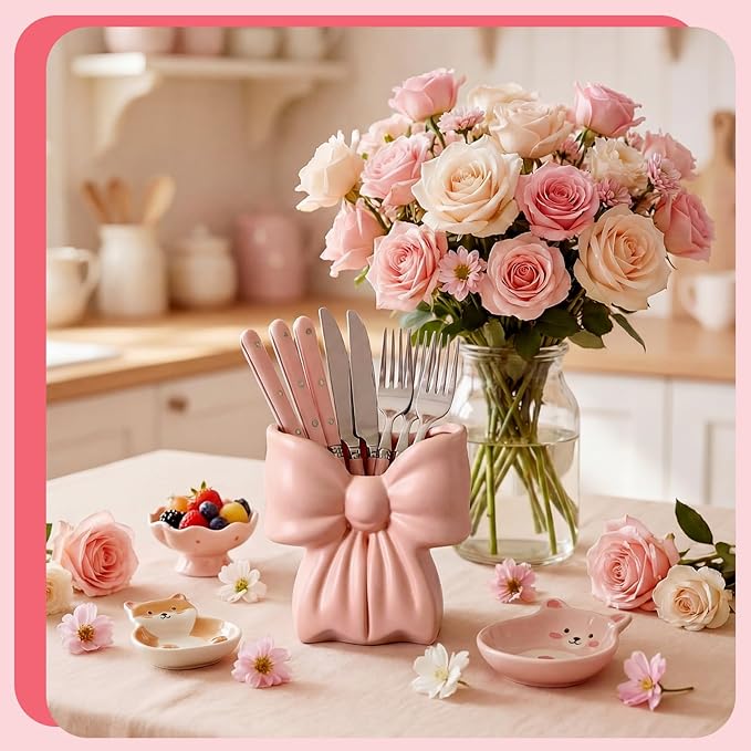 Hushee Pink Bow Ceramic Utensil Holder Cute 3D Coquette Utensil Crock 5.9" Modern Kitchen Counter Organizer Decorative Flower Vase for Home Decor Housewarming Gift