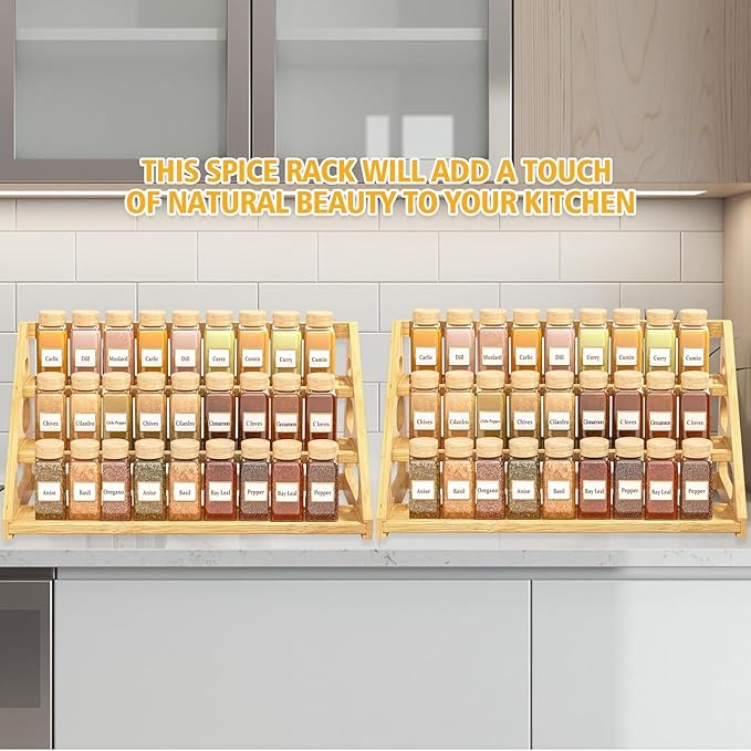 Spice Rack - Tiered Spice Rack Organization for Cabinet - 3 Tier Bamboo Display Spice Shelf for Countertop