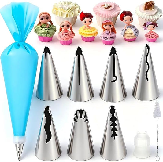 10pcs Cake Decorating Icing Piping Tip Set, Pleated Skirt PipingNozzles Set Ruffle Piping Tips Stainless Steel Frosting TipsDecorating Tips for Cake Cupcakes Cookies with A Cleaning Brush(10pcs)
