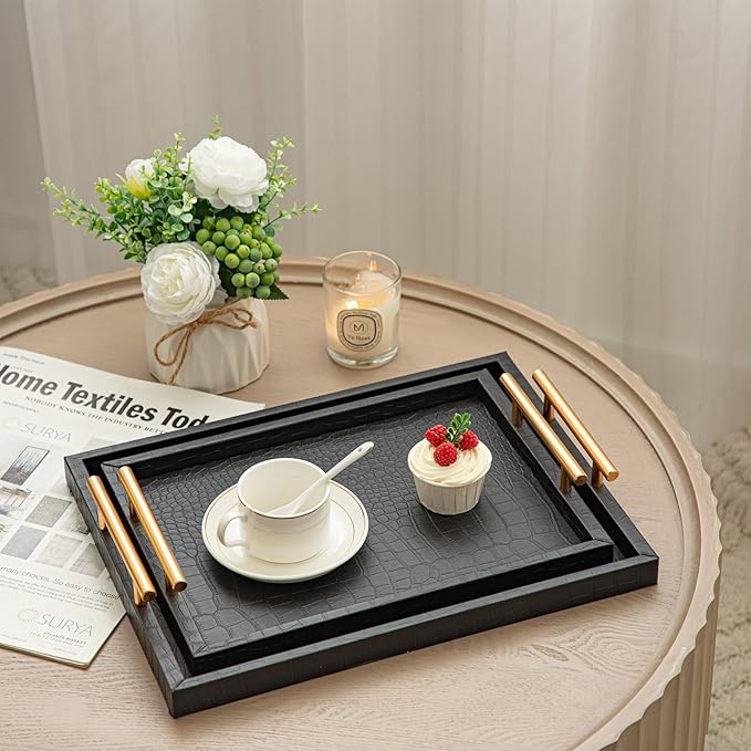Modern Elegant Large Wood Serving Tray, Set of 2 Black Crocodile Leather with Gold Polished Metal Handles, Home Decorative Rectangle Ottoman Decor Platter Living Room Bathroom Vanity Tray