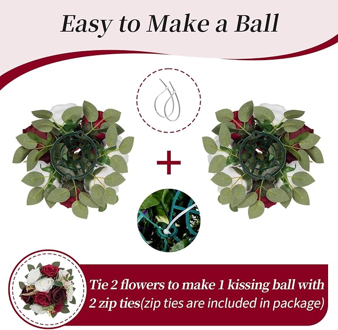 BLOSMON Artificial Flowers Ball Wedding Centerpieces 2 Pcs Burgundy Rose Artificial Flower Center Pieces Decoration for Table Silk Kissing Ball Faux Floral Bouquet Arrangements Home Party DIY Decor