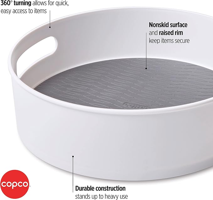 Copco 12 Inch Non-Skid Lazy Susan Turntable Organizer for Cabinet, Kitchen, Pantry, Bathroom - Smooth-Glide Rotating Storage with Raised Rim and Handles