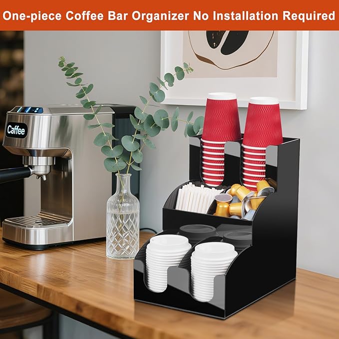 MYITYARD Coffee Station Organizer, 3-Tier Coffee Bar Accessories for Countertop, Acrylic Condiment and Cup Storage Organizer, 6 Compartments, Cup and Lid Holder for Pods, Syrup, Stirrer