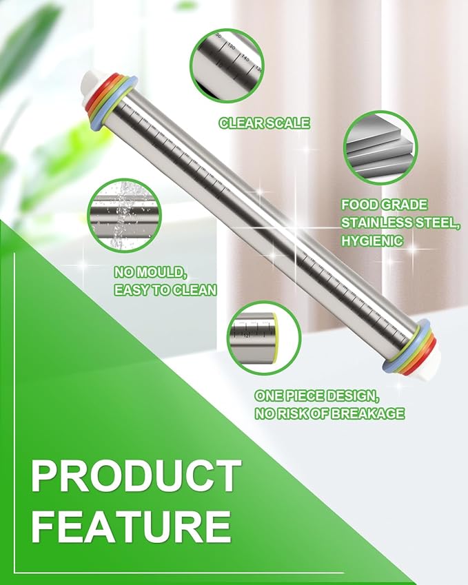 Adjustable Stainless Steel Rolling Pin with Thickness Rings for Baking, Dough Roller Pins for Cookie Decorating Baking Supplies with 1PCS Silicone Pastry Mat & 1PCS Rolling Pin Holder