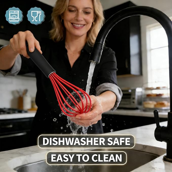 Anaeat Silicone Kitchen Whisk Set of 4, Perfect for Non-Stick Cookware, Milk and Egg Beater Blender for Whisking, Cooking, Baking, Beating - 11'' Flat Whisk and 9''+11''+12'' Balloon Whisks (Red)