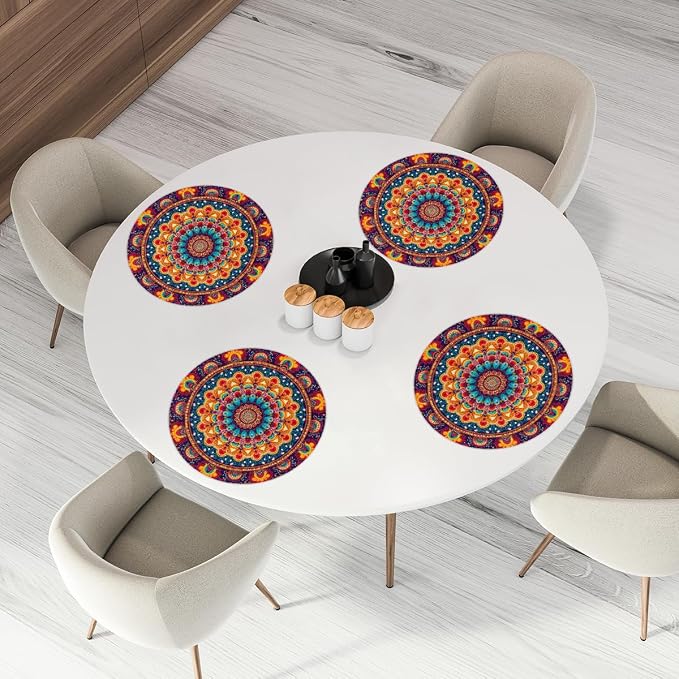 Round Placemats Set of 4, Colorful Boho Pattern Woven Placemats Mats Non-Slip Heat Resistant Washable Table Mats Round Braided Place for Farmhouse Kitchen Dining Party Decor 15in