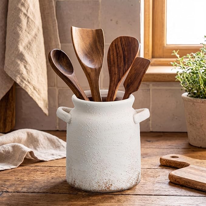 Qinyoung Rustic Kitchen Utensil Holder 6 Inch Small Ceramic Utensil Holder with Handle Vintage Crock Decoration Spatula Organizer for Kitchen Countertop Farmhouse Party Supplies(White,Textured)