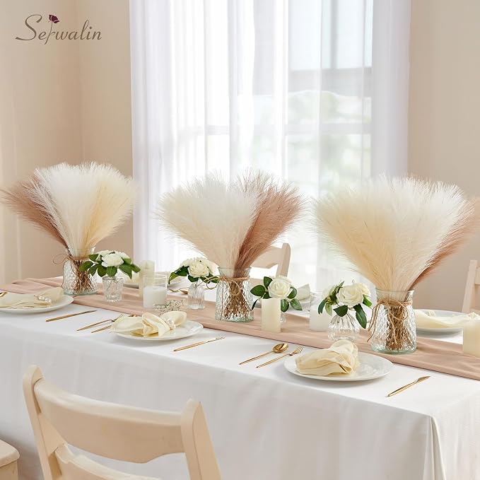 Serwalin 𝟲𝟬pcs Pampas Grass Decor, 𝟭𝟳.𝟳Inch Pampas Grass Home Decor, Faux Pampas Grass Bulk Boho Decor, Artificial Fake Flowers Fluffy, Vase Filler Faux Pampas Decoration Ivory Beige Sand