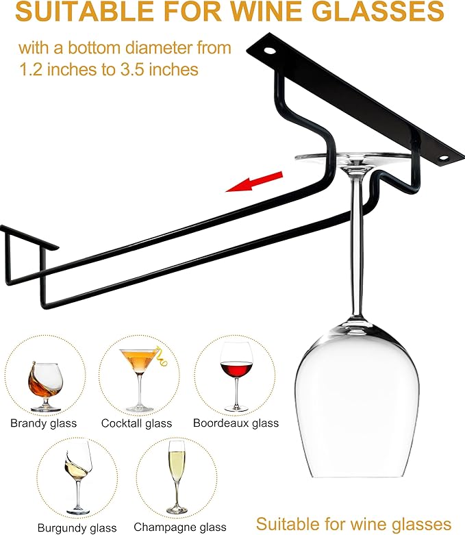 15.7 inch Wine Glass Rack under Cabinet 2Pcs under Shelf Wine Glass Holder Metal Stemware Holder Wine Glass Hangers for Mini Bar Kitchen Storage Black