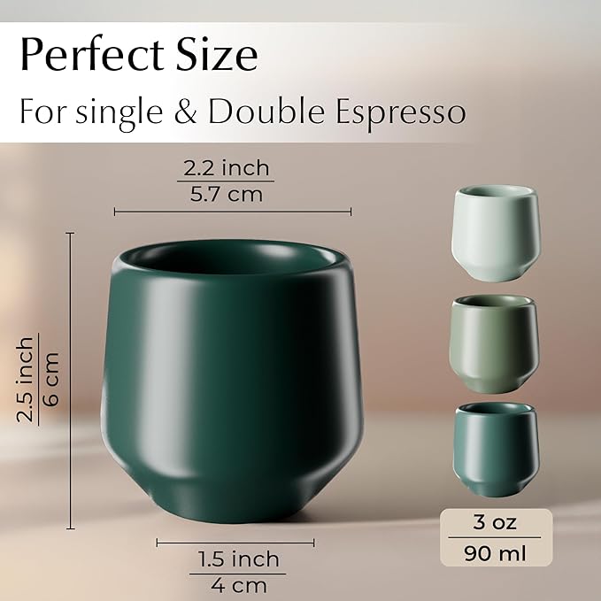 MIAMIO - Espresso Cups Set of 4 (2.7 oz) / Espresso Cup, Ceramic Espresso Cups, Handleless Mug, Japanese Tea Cups - Luxe Collection (Evergreen)