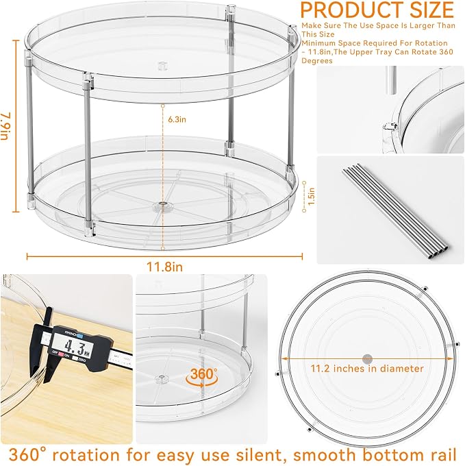2 Tier Lazy Susan Turntable for Cabinet,Countertop,Pantry,12"W Spinning Seasoning Organizer,Double Rotating Kitchen Spice Rack Organizer and Condiments,Medicine,Vitamin Bottle Organizer Carousels,1Pc