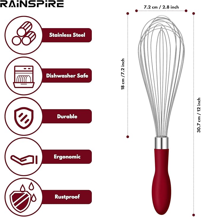 Rainspire 12-Inch Wire Whisk Stainless Steel, Balloon Whisks for Cooking, Wisk Wisking Tool With Soft Silicone Handle, Thick Durable Whisker for Blending, Beating, Whisking, Stirring, Red