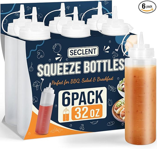 32oz Squeeze Bottles, Clear Condiment Squeeze Bottles for Sauces, Plastic Ketchup Bottle Squeeze for Liquids, Cooking Squirt Bottle for Kitchen, Oil, Food - 6 Pack
